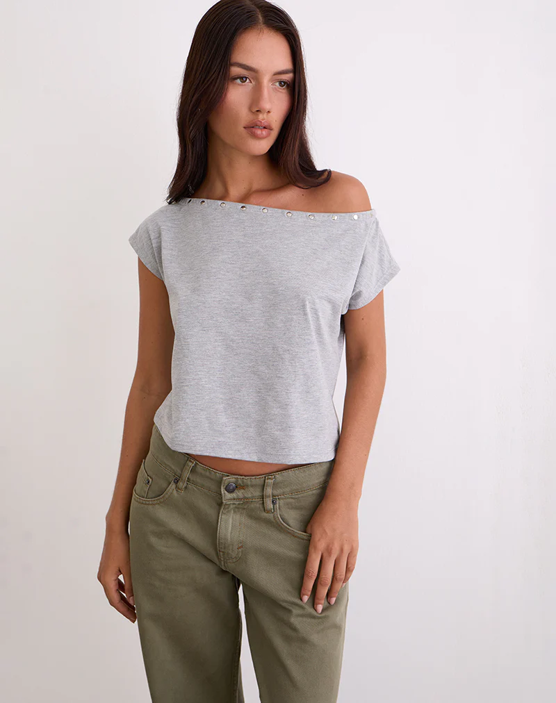 Bizzy Top with Studded Neckline in Grey Marl - Image 5