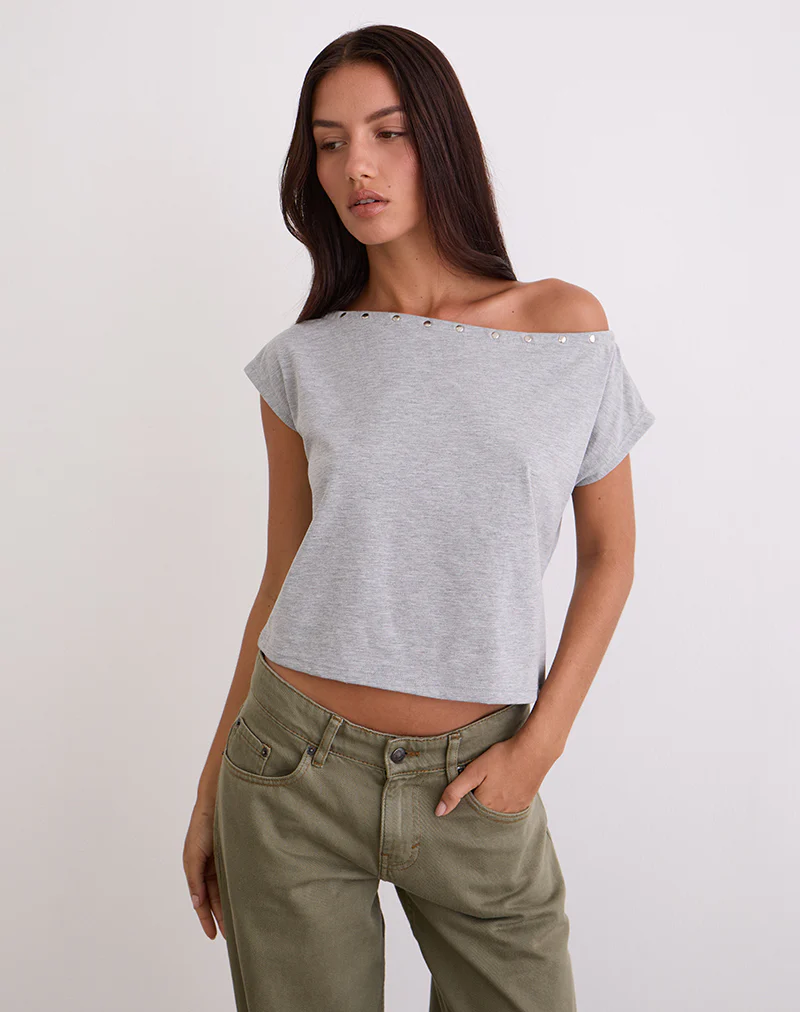 Bizzy Top with Studded Neckline in Grey Marl - Image 6