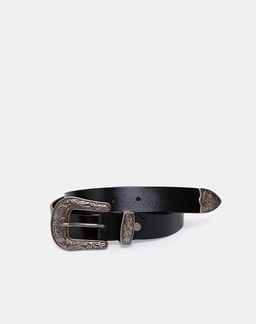 Black Vintage Western Belt with Silver Buckle - Image 3