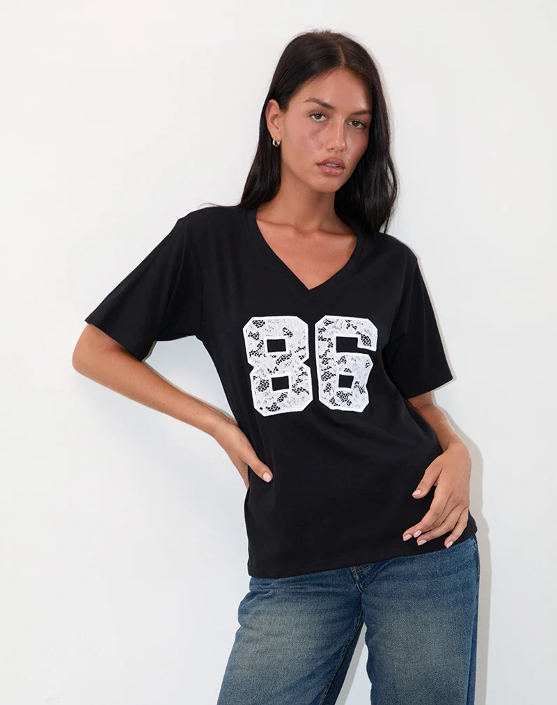 Blaine Oversized Tee in Black with 86 White Lace Embroidery - Image 4
