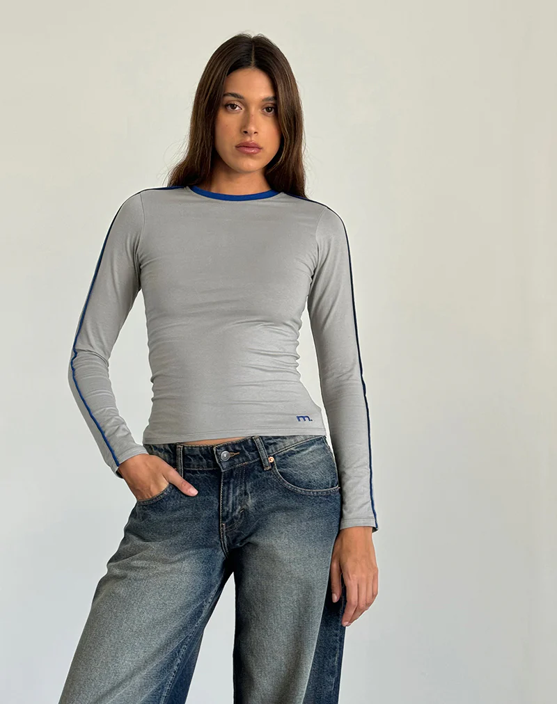 Bonija Long Sleeve Top in Grey with Cobalt Blue Piping - Image 3