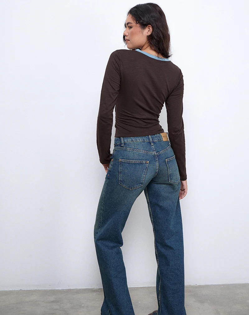 Bonjita Long Sleeve Top in Chocolate Brown with Ash Blue Two Stripe Binding - Image 4