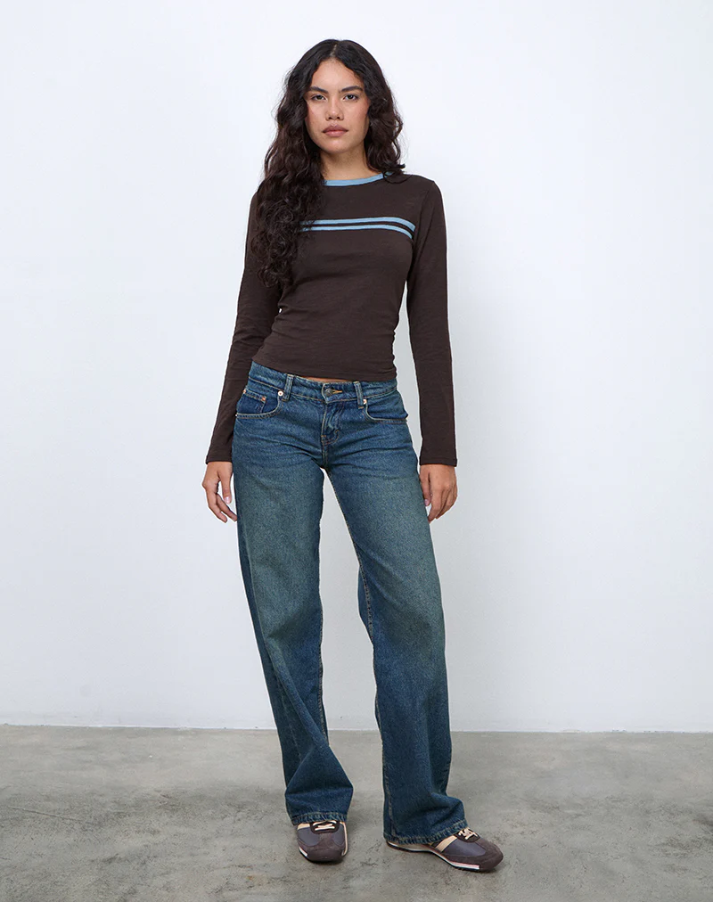 Bonjita Long Sleeve Top in Chocolate Brown with Ash Blue Two Stripe Binding - Image 5