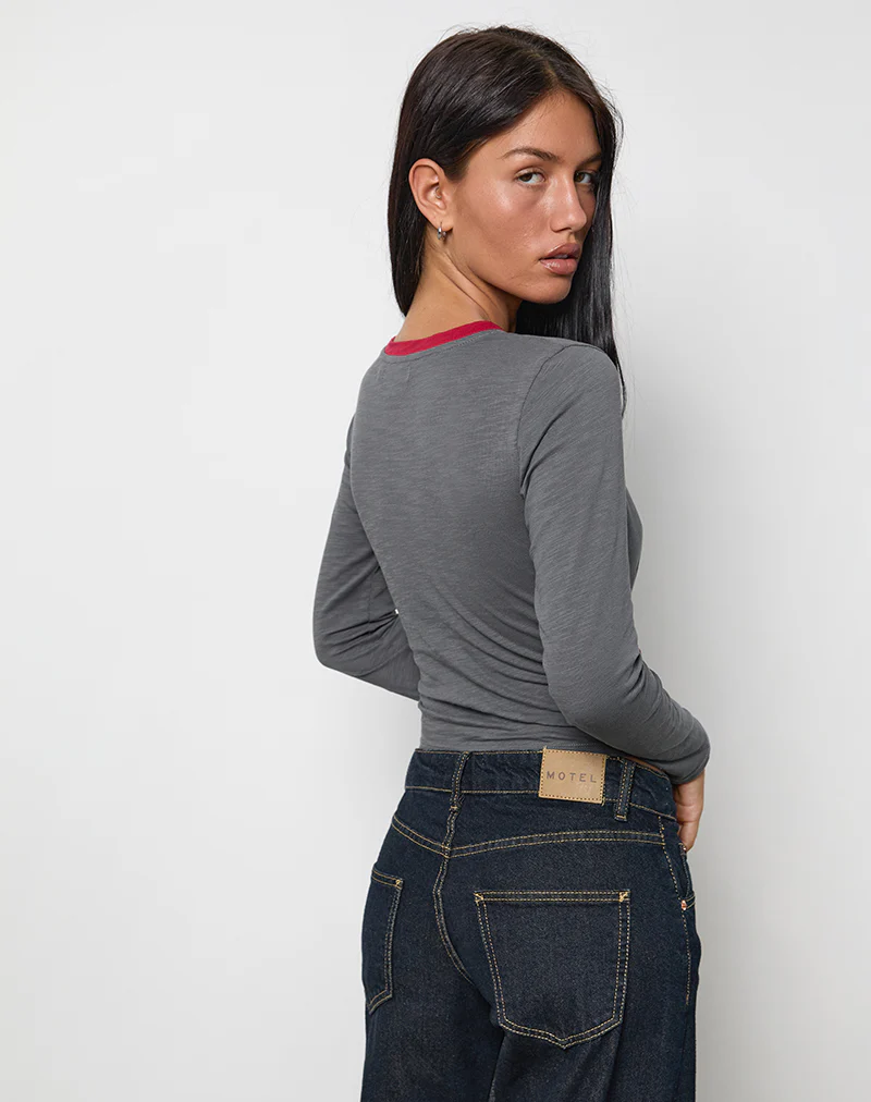 Bonjita Long Sleeve Top in Storm Grey with Adrenaline Red Binding - Image 3
