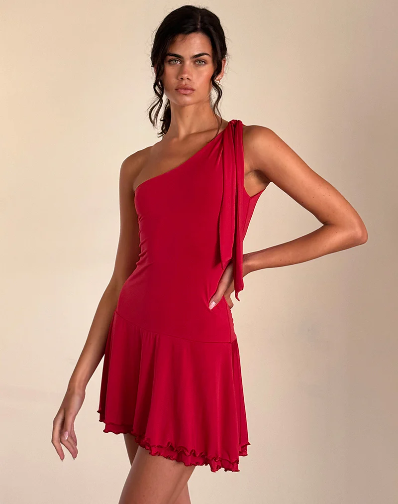Boone One Shoulder Mini Dress in Slinky Red - Image 2