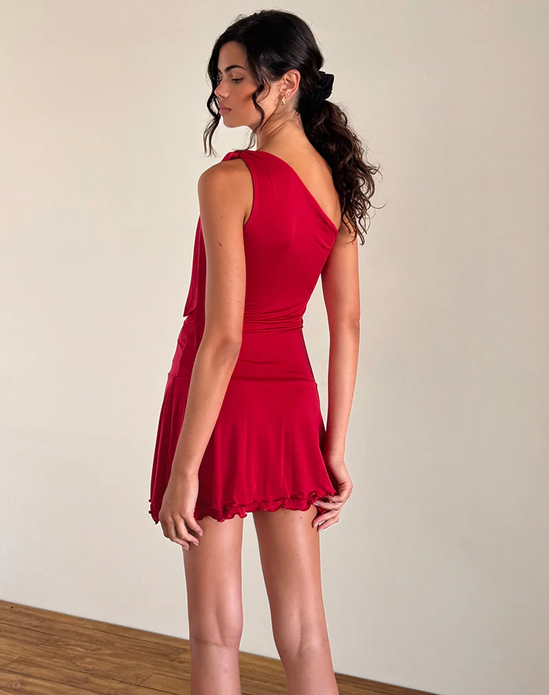 Boone One Shoulder Mini Dress in Slinky Red - Image 4