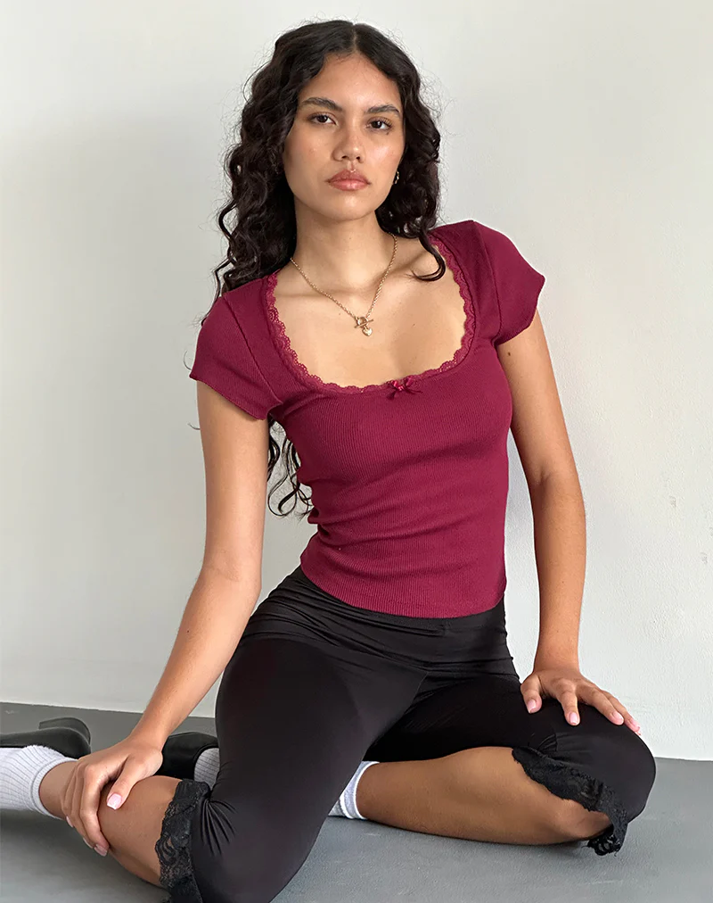 Bovillo Cap Sleeve Top in Burgundy - Image 3