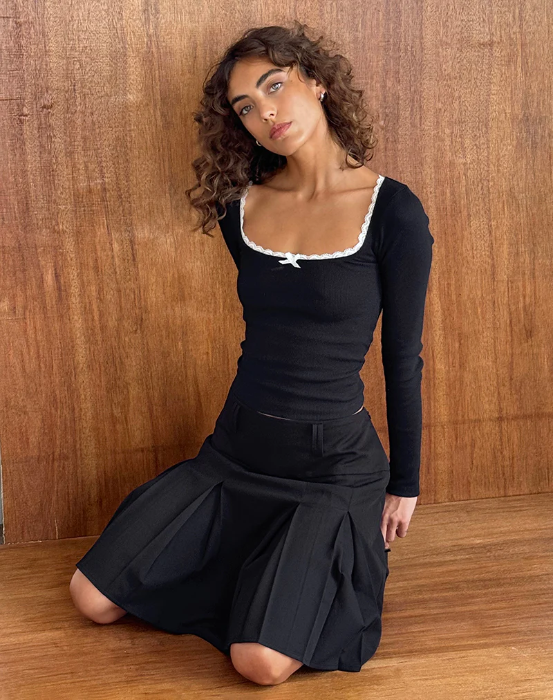 Bovita Long Sleeve Top in Black with Off White Trim - Image 2