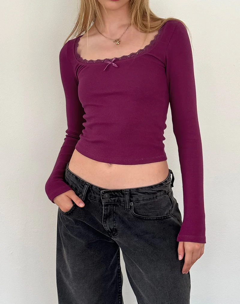 Bovita Long Sleeve Ribbed Top in Berry - Image 2