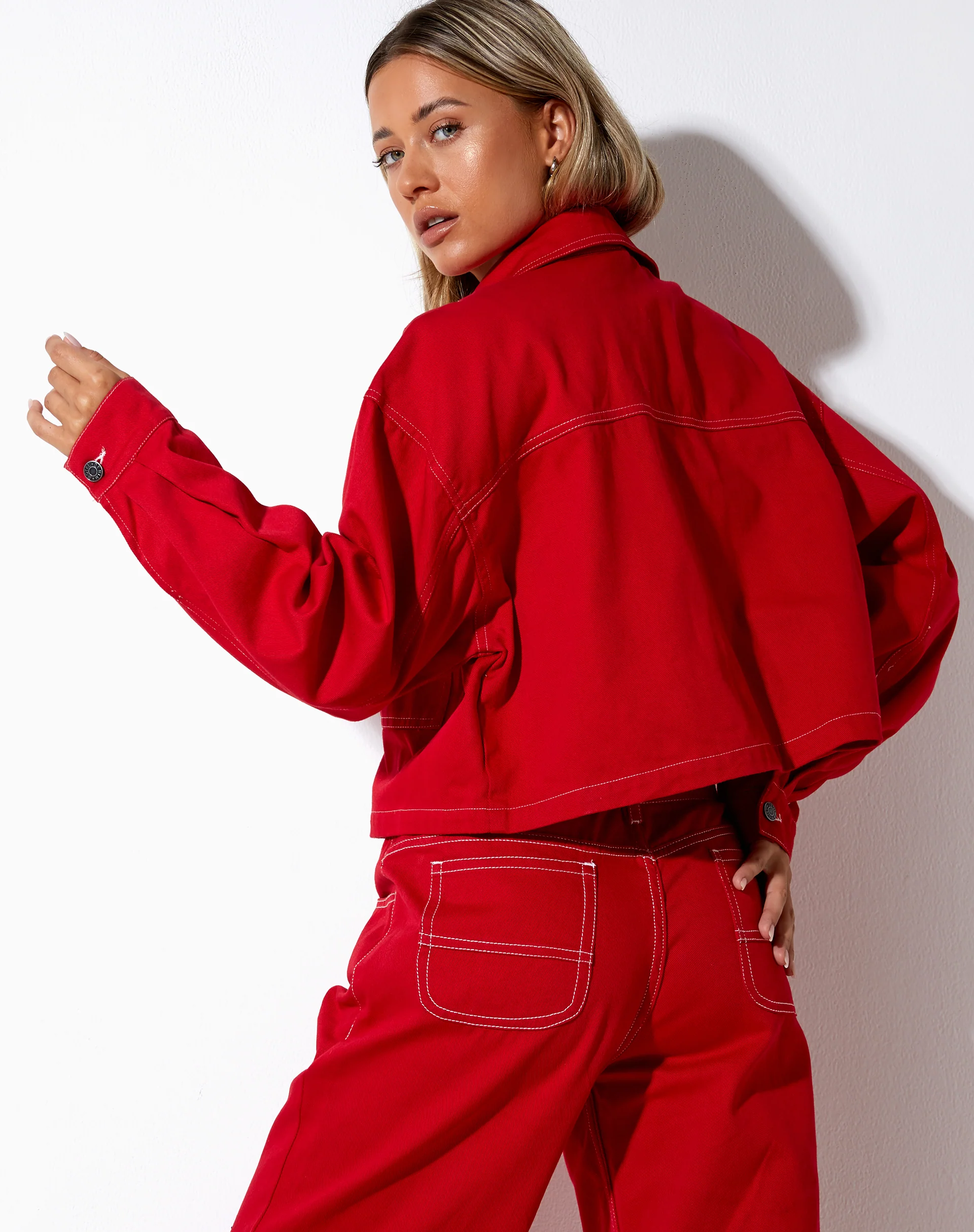 Boxy Denim Jacket in Racing Red with White Stitch - Image 3