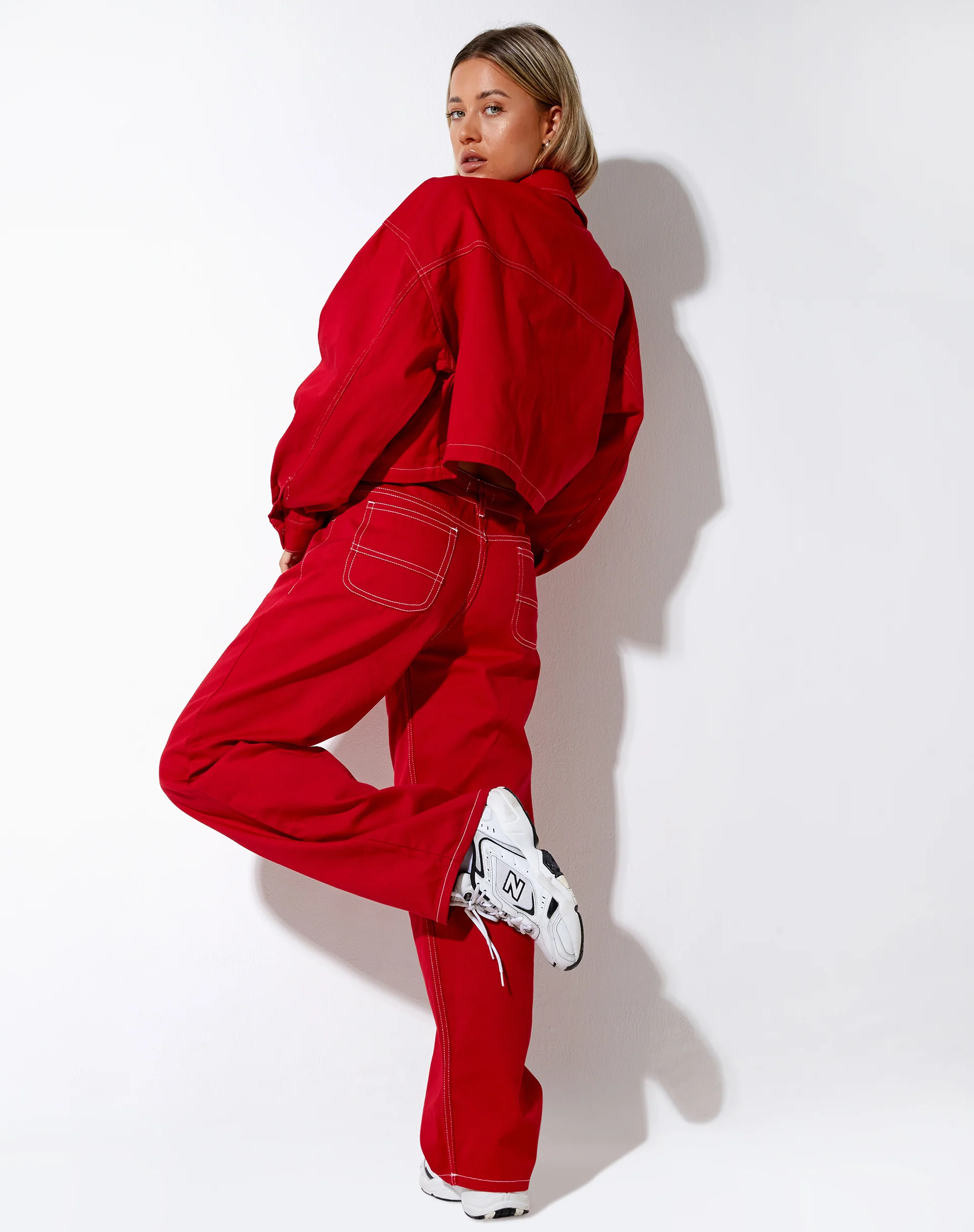 Boxy Denim Jacket in Racing Red with White Stitch - Image 5