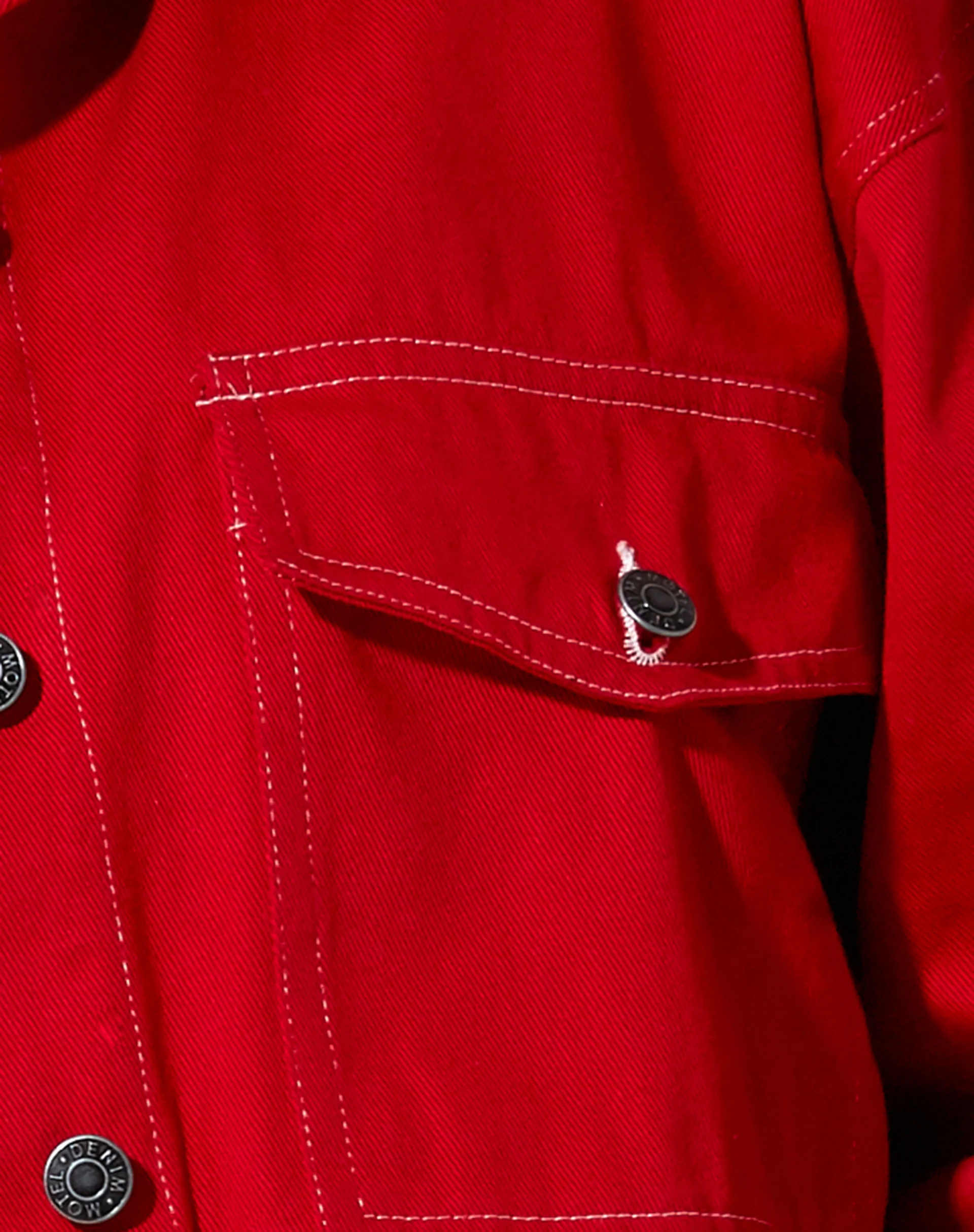 Boxy Denim Jacket in Racing Red with White Stitch - Image 6