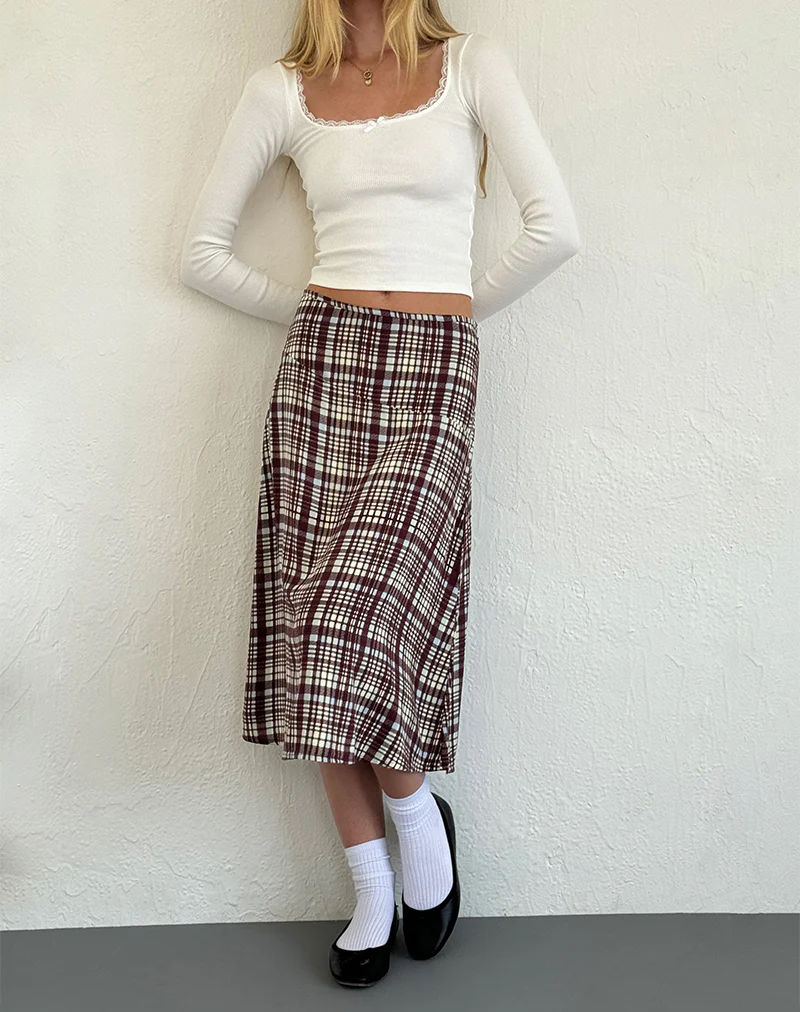 Brella Midi Skirt in Multi Check Brown - Image 3