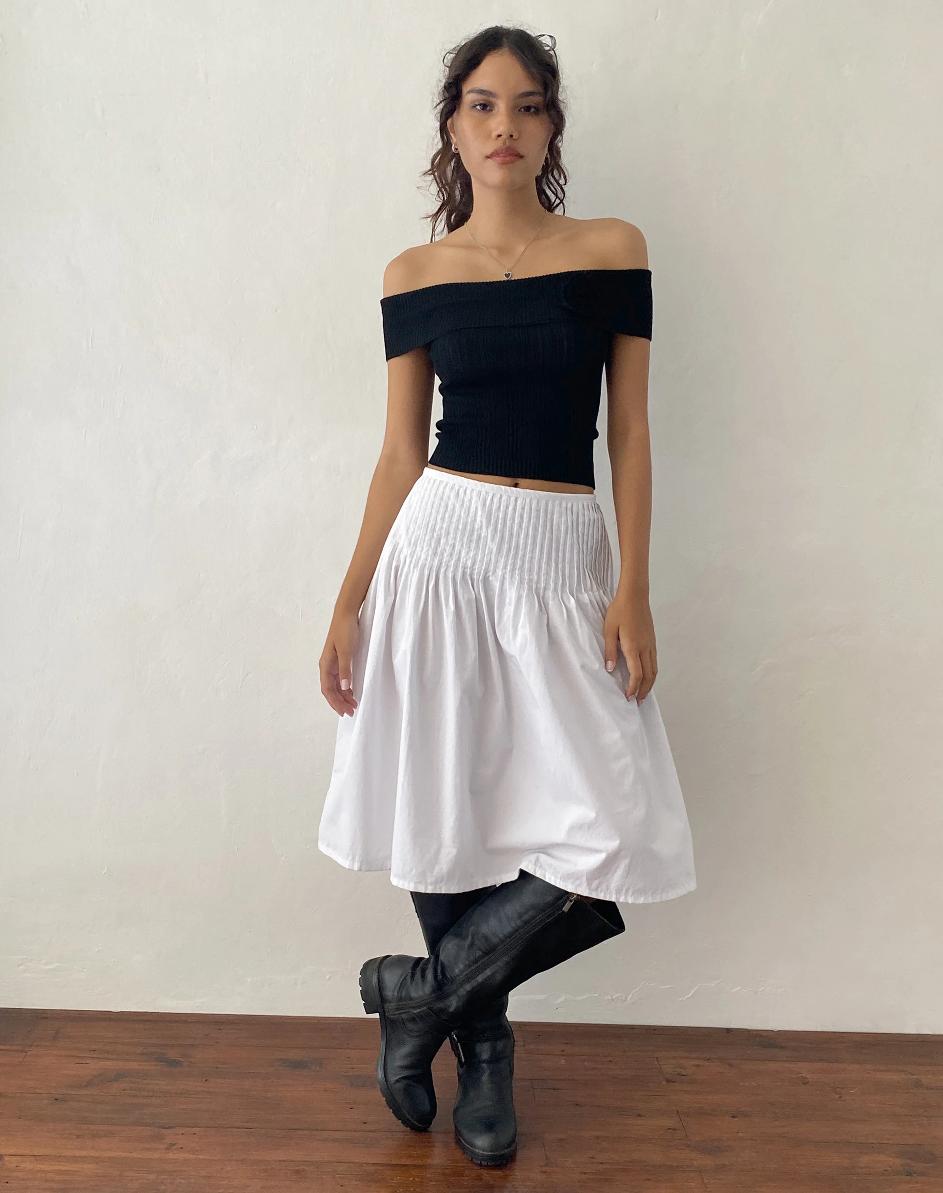 Brenda Knitted Bardot Top in Black with Rosette - Image 2