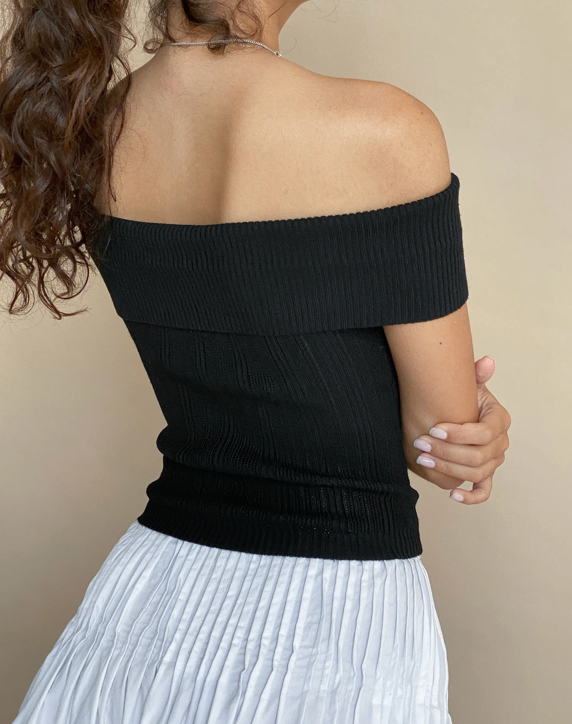 Brenda Knitted Bardot Top in Black with Rosette - Image 4