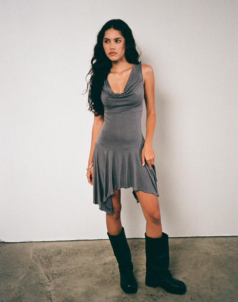 Briar Waterfall Mini Dress in Cupro Grey - Image 5
