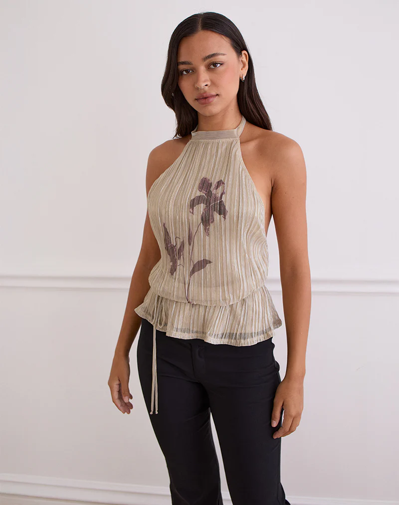 Brienne Top in Light Gold Shimmer with Slim Flower Print - Image 2