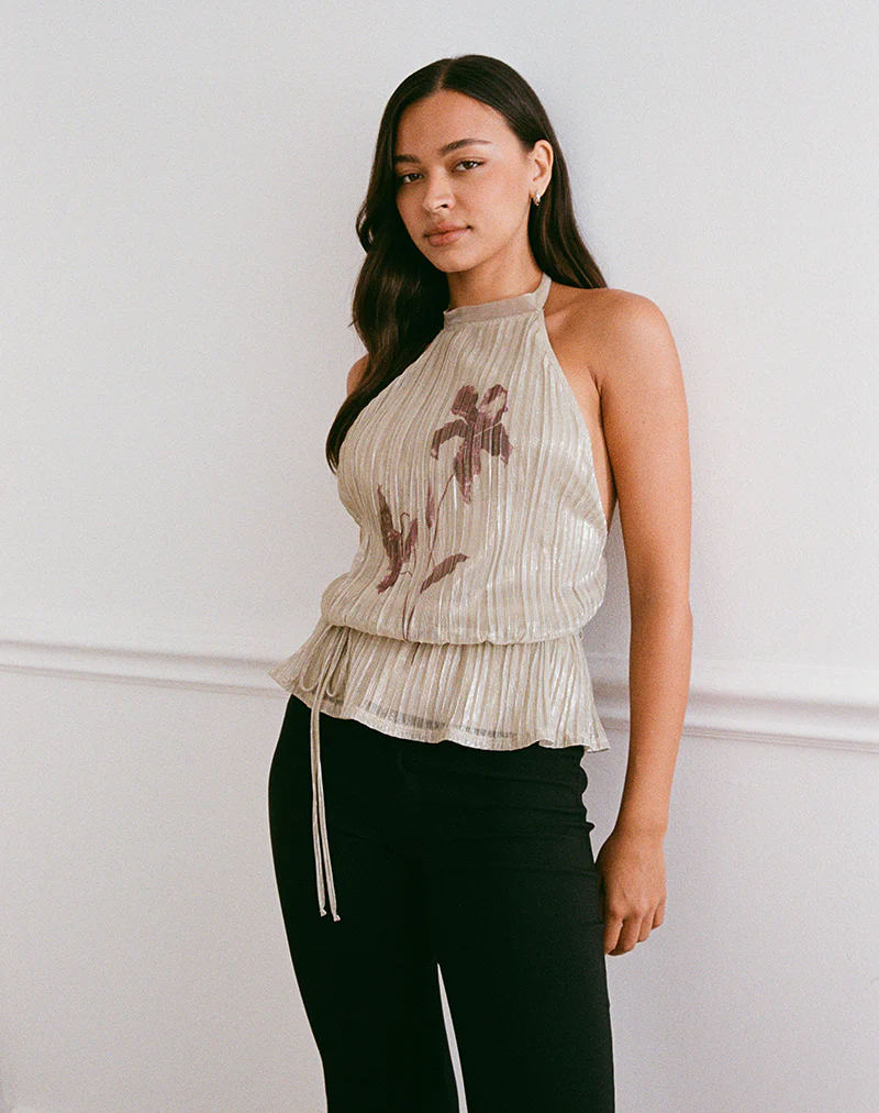 Brienne Top in Light Gold Shimmer with Slim Flower Print - Image 4