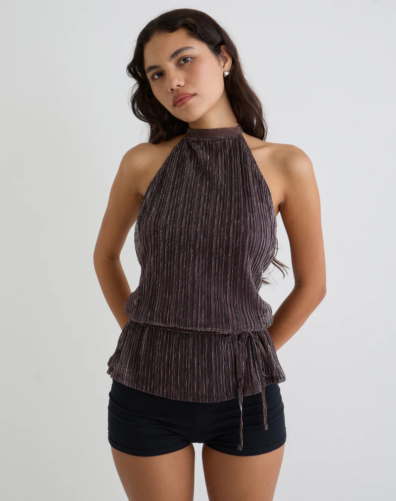 Brienne Top in Brown Shimmer Sheer Plisse - Image 3
