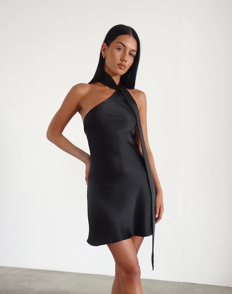 Brigid One Shoulder Satin Dress in Black - Image 3