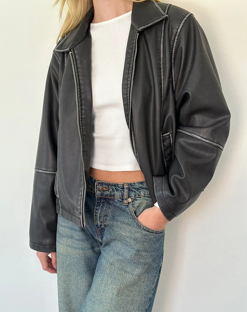 Brittany Distressed Jacket in PU Black - Image 2