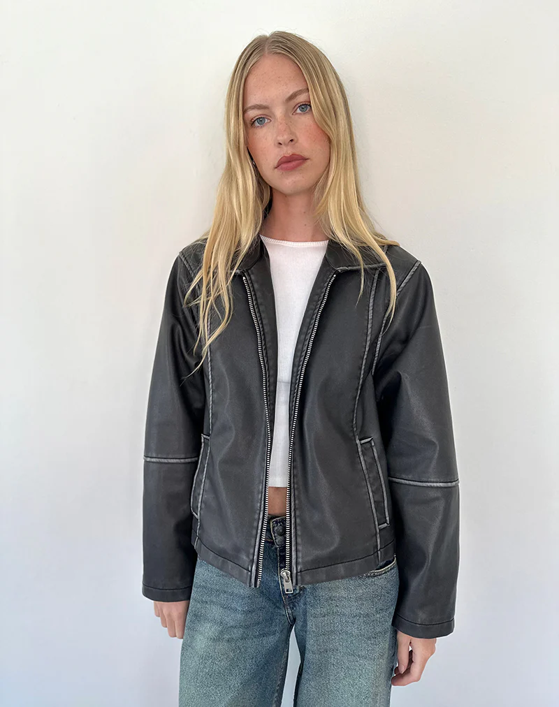 Brittany Distressed Jacket in PU Black - Image 3