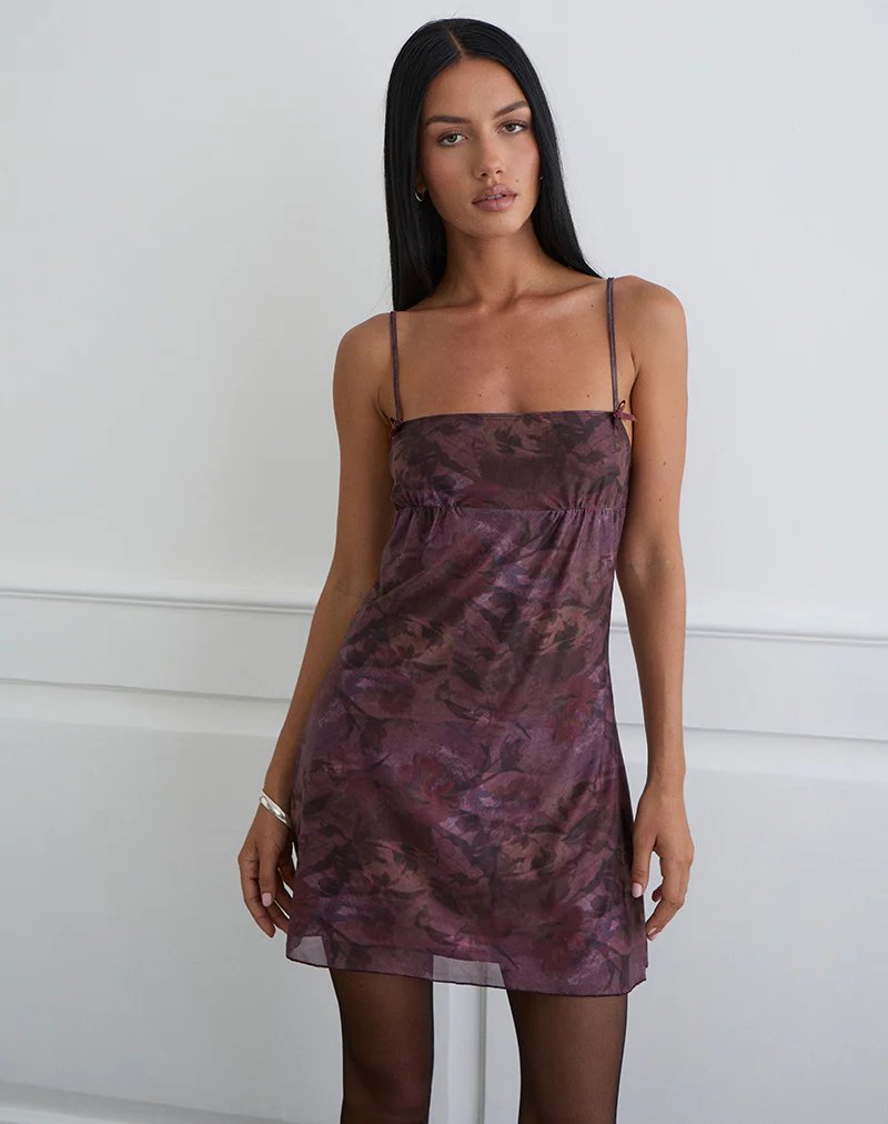 Bublik Mini Dress in Mesh Blurry Floral Burgundy - Image 4