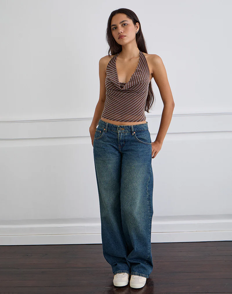 Bujou Cowl Top in Diagonal Stripe Flocked Brown and Cream - Image 2
