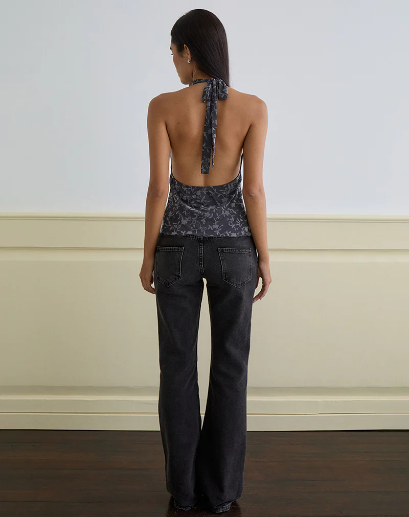 Burkie Halterneck Top in Pretty Petal Flock Dark Grey - Image 3