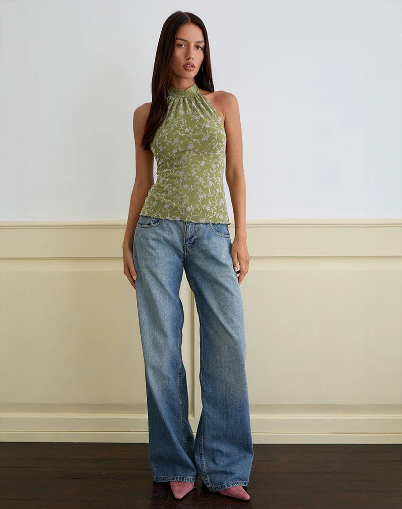 Burkie Halterneck Top in Pretty Petal Flock Olive - Image 4