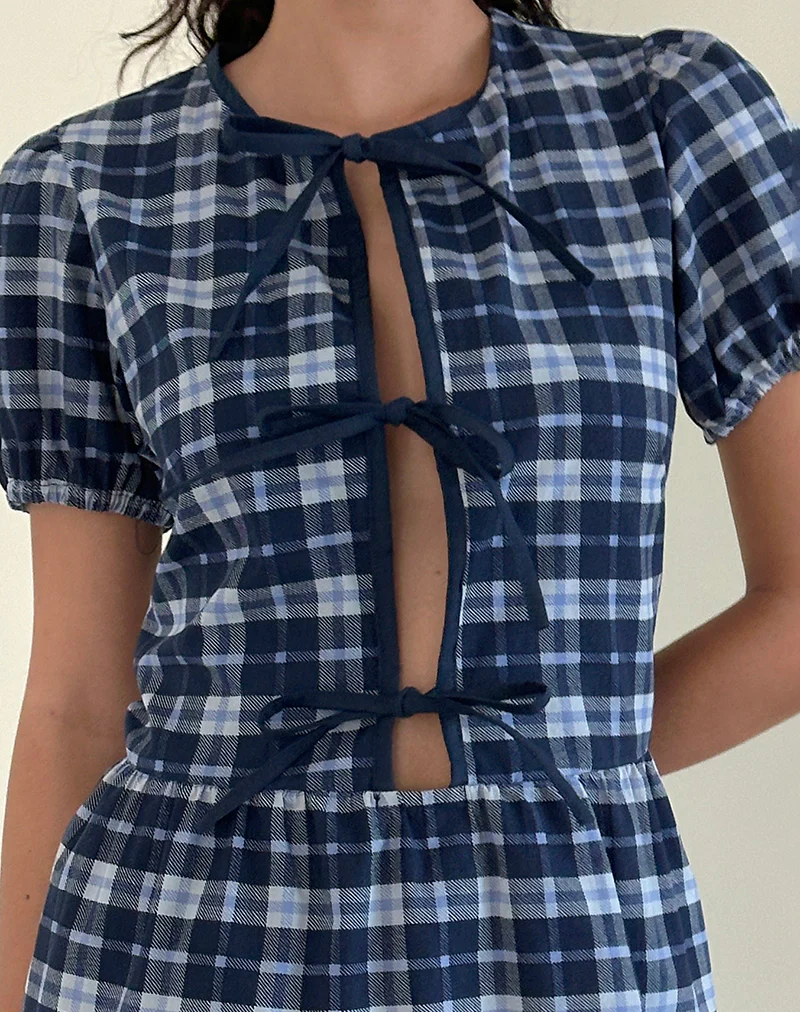 Byan Tie Front Dress in Tartan Dark Blue - Image 3