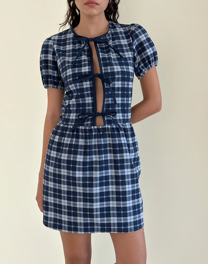 Byan Tie Front Dress in Tartan Dark Blue - Image 5