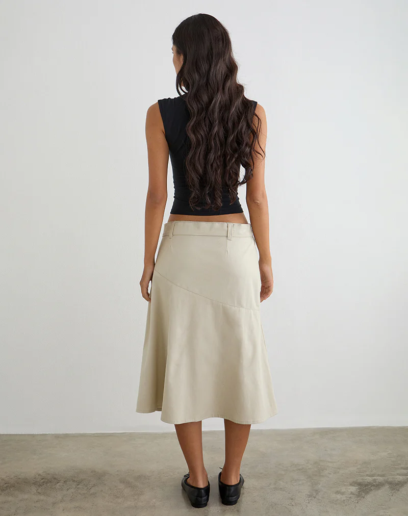 Cabot Midi Skirt with Belt in Cotton Twill Latte - Image 4