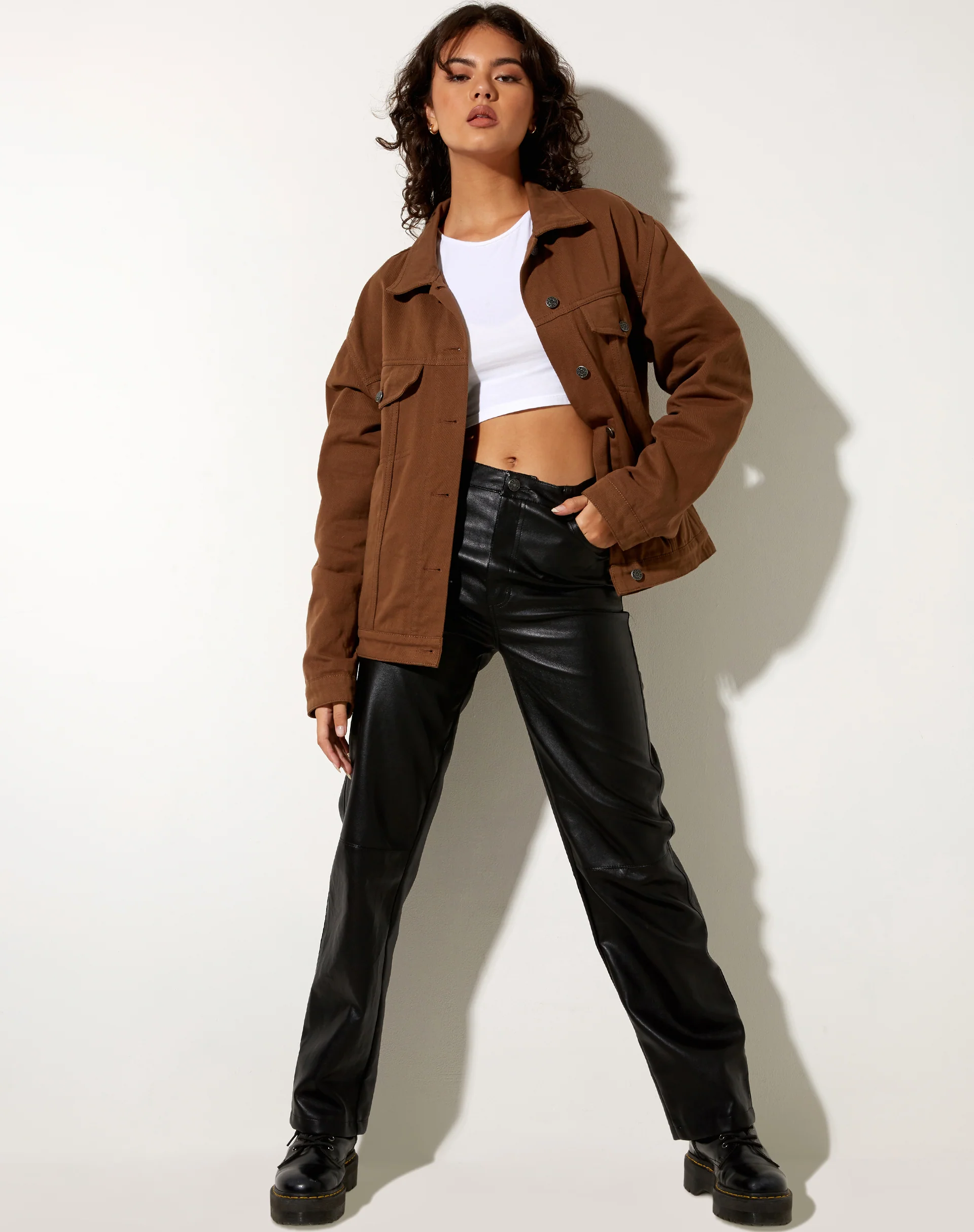 Calissa Longline Denim Jacket in Rich Brown - Image 3