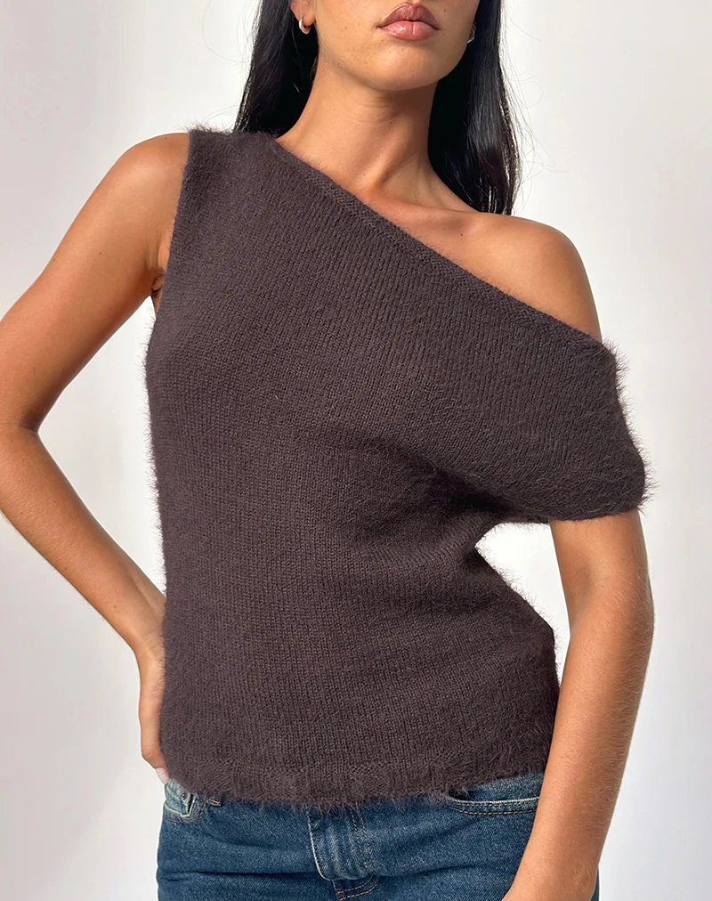 Calyce Off Shoulder Top in Fluffy Knit Dark Brown - Image 2