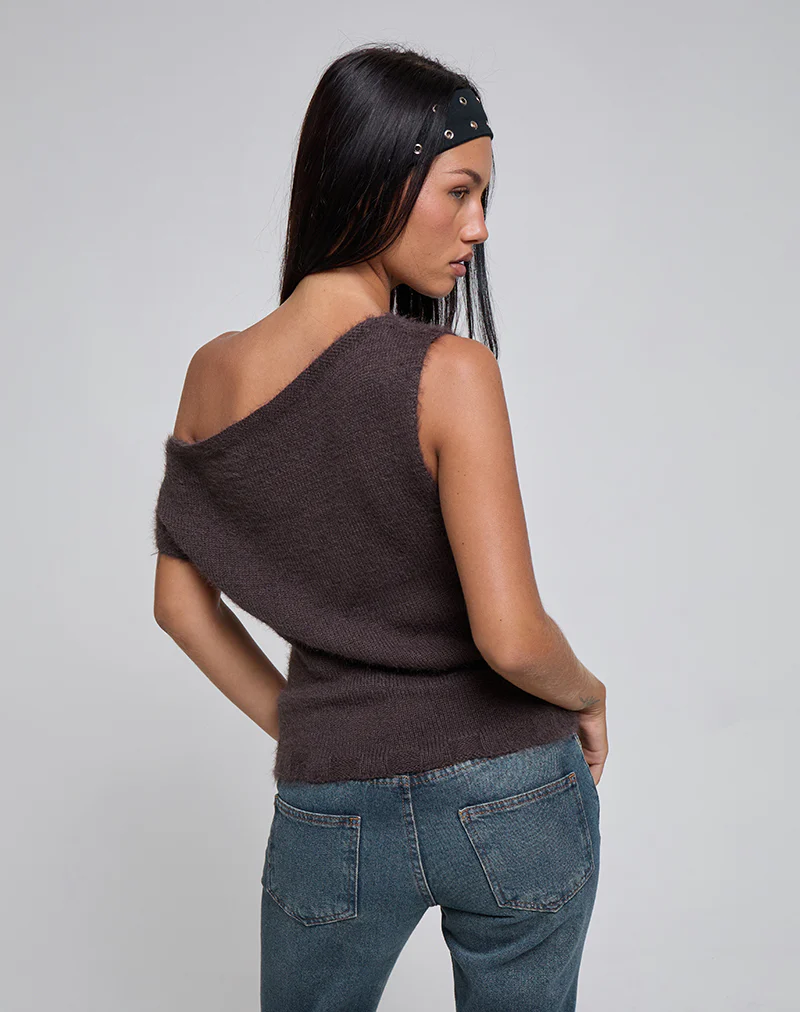 Calyce Off Shoulder Top in Fluffy Knit Dark Brown - Image 5