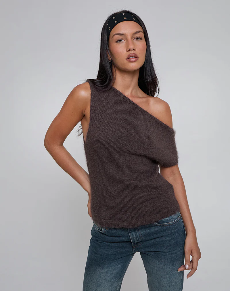 Calyce Off Shoulder Top in Fluffy Knit Dark Brown - Image 6