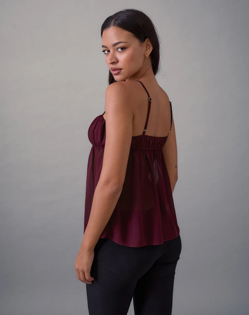 Camden Cami Top in Satin Chiffon Burgundy - Image 3