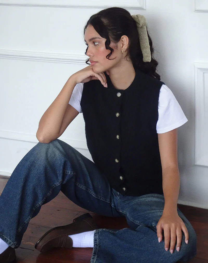Camira Knitted Button Through Vest in Black - Image 3