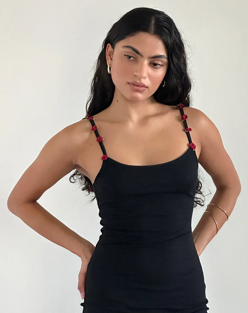 Cantana Maxi Dress in Black with Red Rosette - Image 3