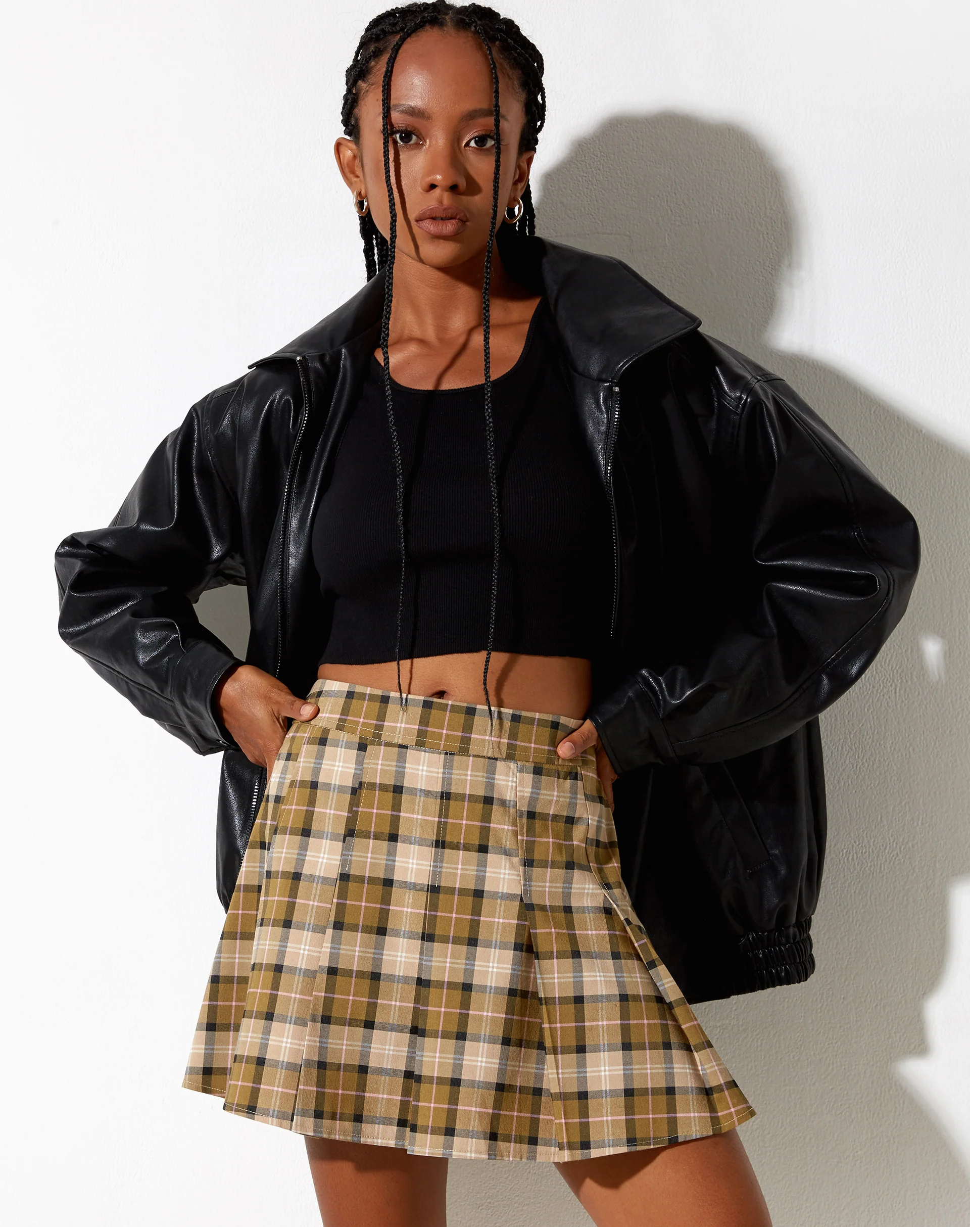 Carga Mini Skirt in Check Brown Tan and Pink - Image 4