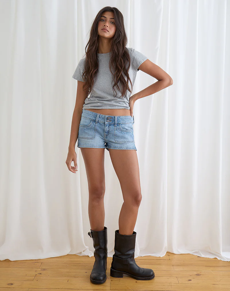 Low Rise Denim Cargo Hotpant in Mid Bleach - Image 2