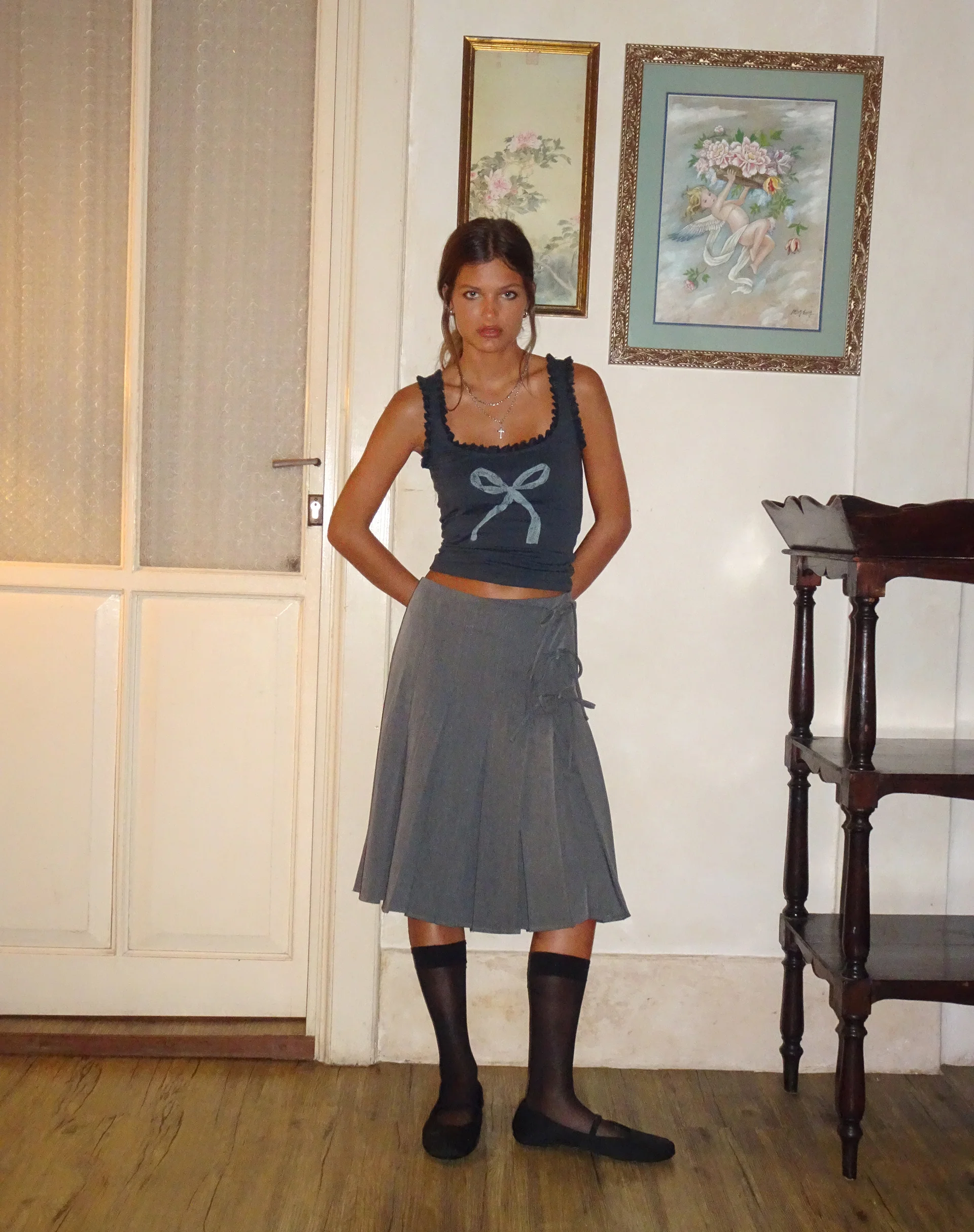 Carillo Lace Trim Vest Top in Ocean Storm Bow Print - Image 2