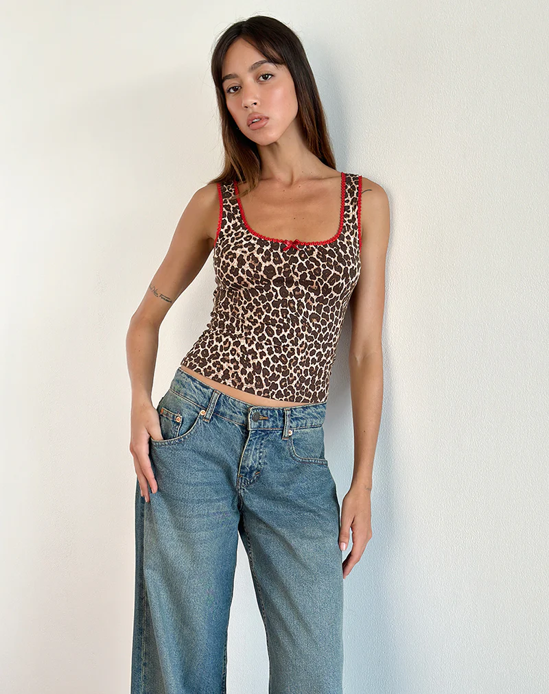 Carillo Vest Top in Rar Leopard Sandstorm with Red Trim - Image 2