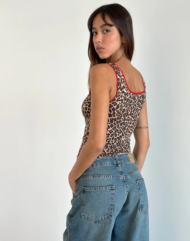 Carillo Vest Top in Rar Leopard Sandstorm with Red Trim - Image 3