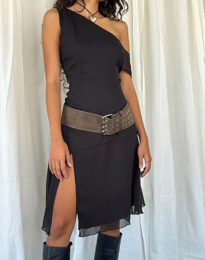 Carissa One Shoulder Chiffon Midi Dress in Black - Image 3