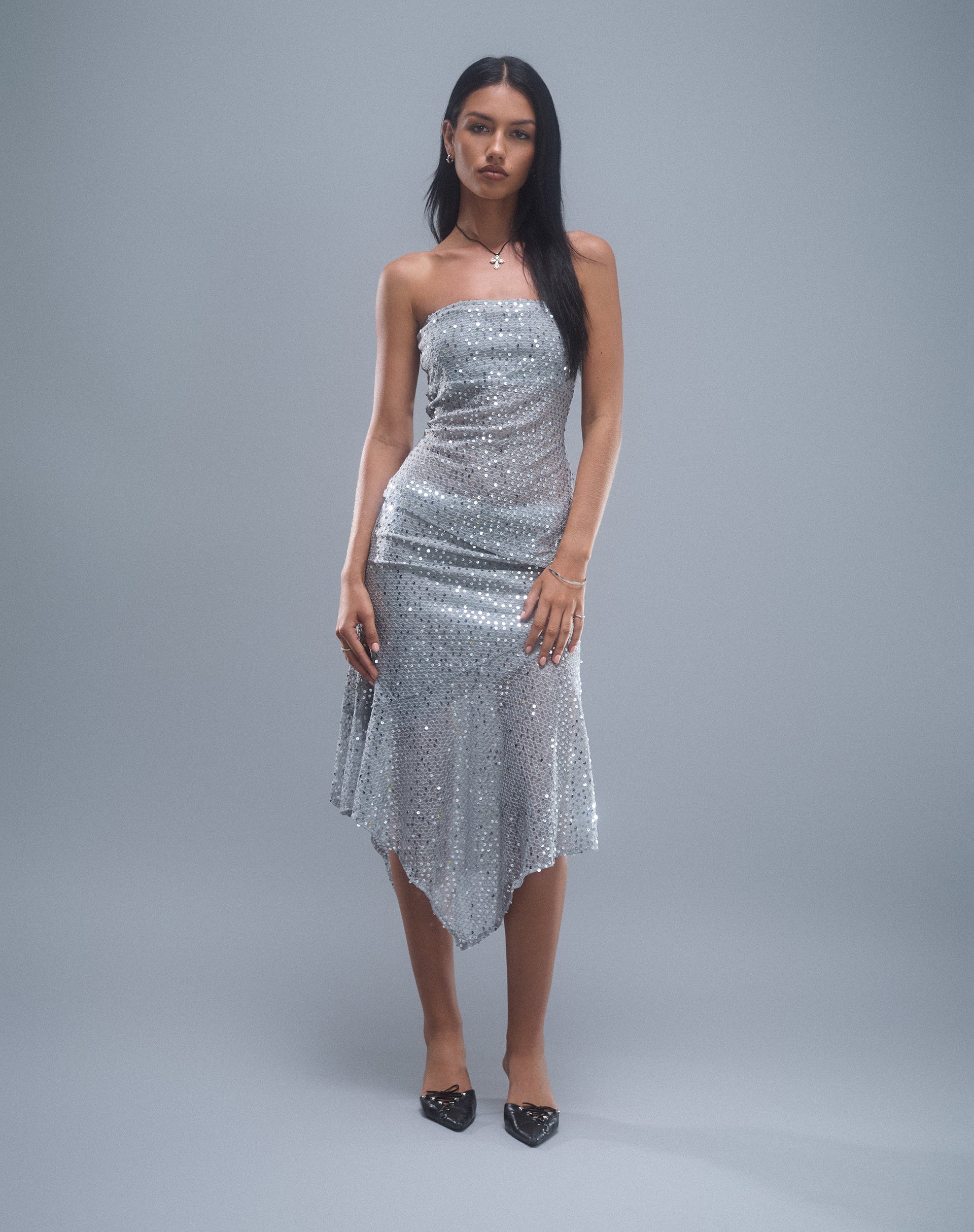 Carita Midi Skirt in Sequin Knit Silver - Image 2