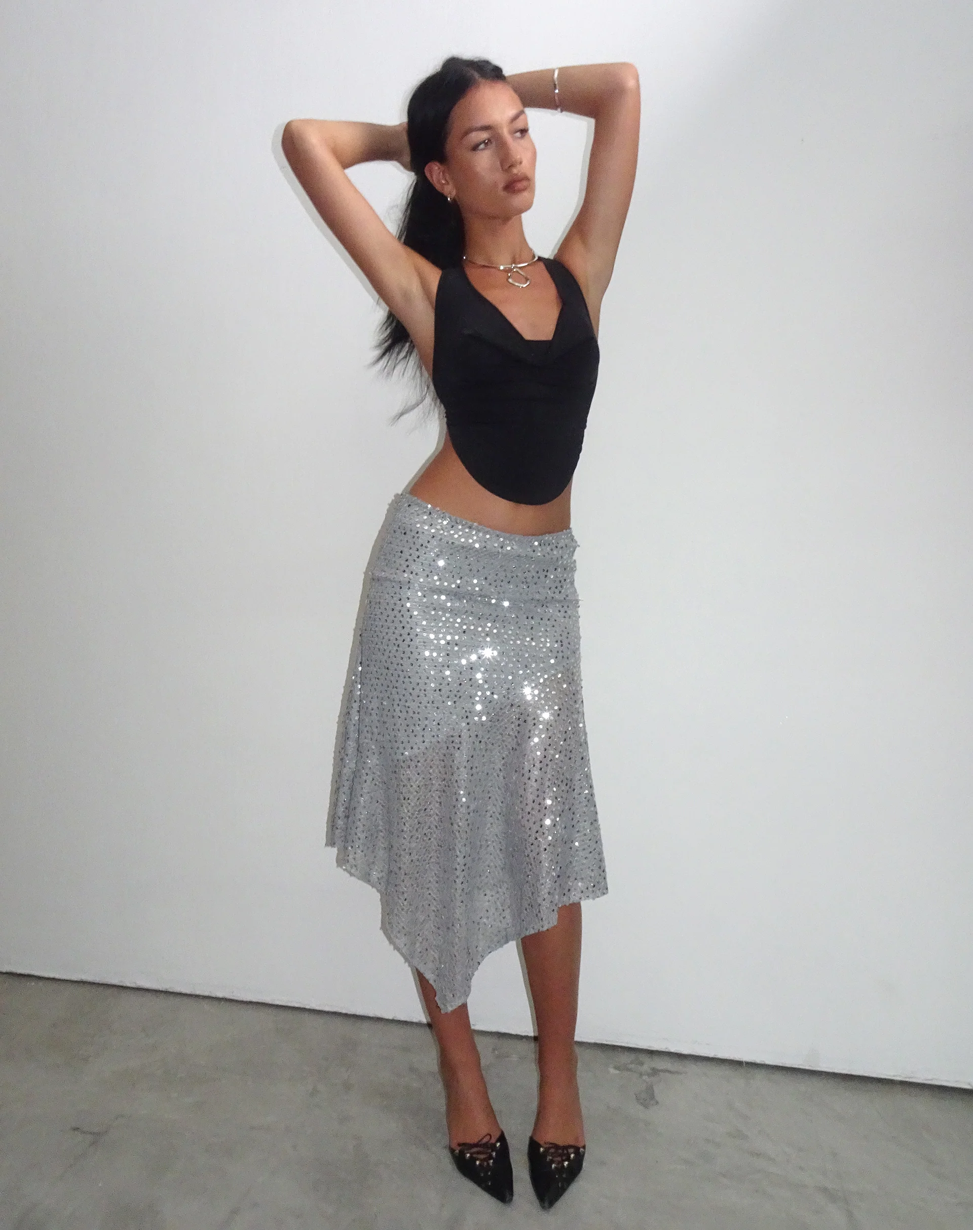 Carita Midi Skirt in Sequin Knit Silver - Image 7