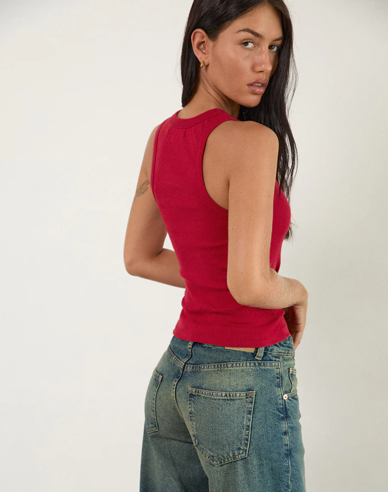 Cariter Racer Vest Top in Ribbed Adrenaline Red - Image 3