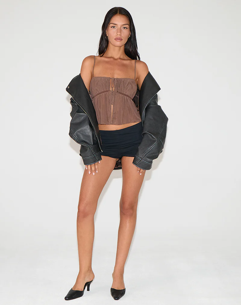 Carmina Tie Front Cami Top in Mesh Brown - Image 2